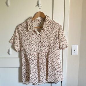NWT Umgee Floral 100 % Cotton Gauze Short Sleeve Swing Shirt in Pink and Cream